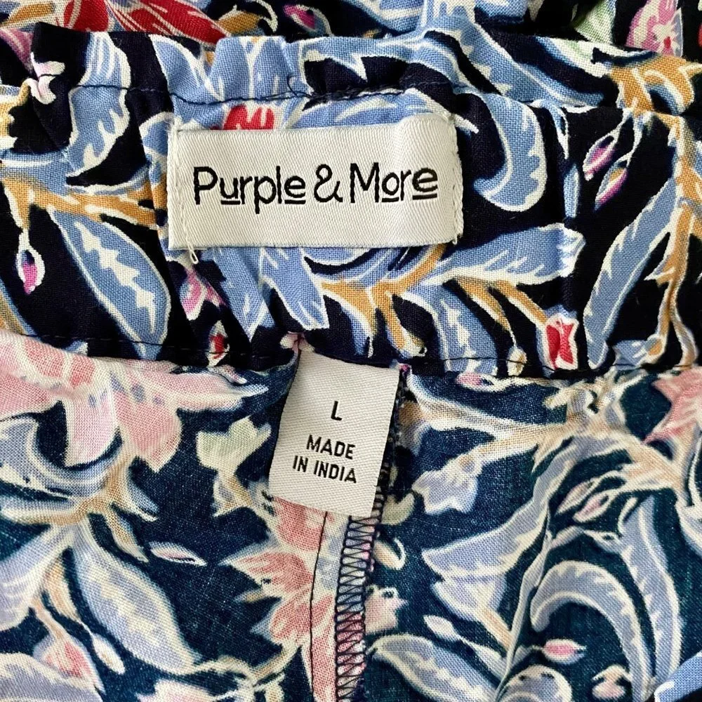 Purple & More Floral Print Paperbag Wide Leg Pants with Pockets Women's Large